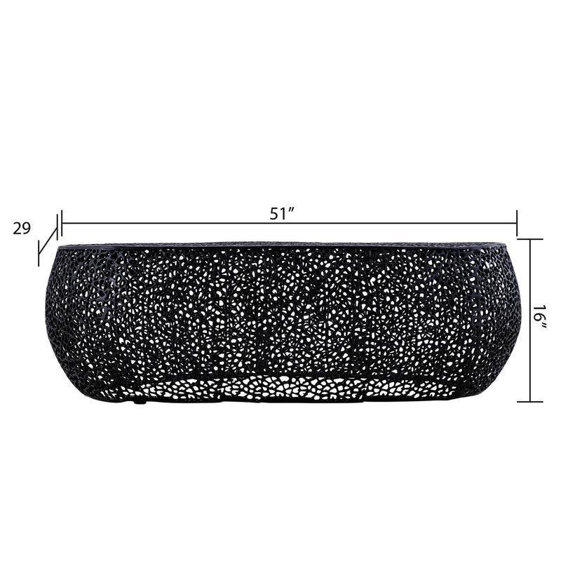 Black oval coffee table with speckled textured mosaic finish and curved side profile