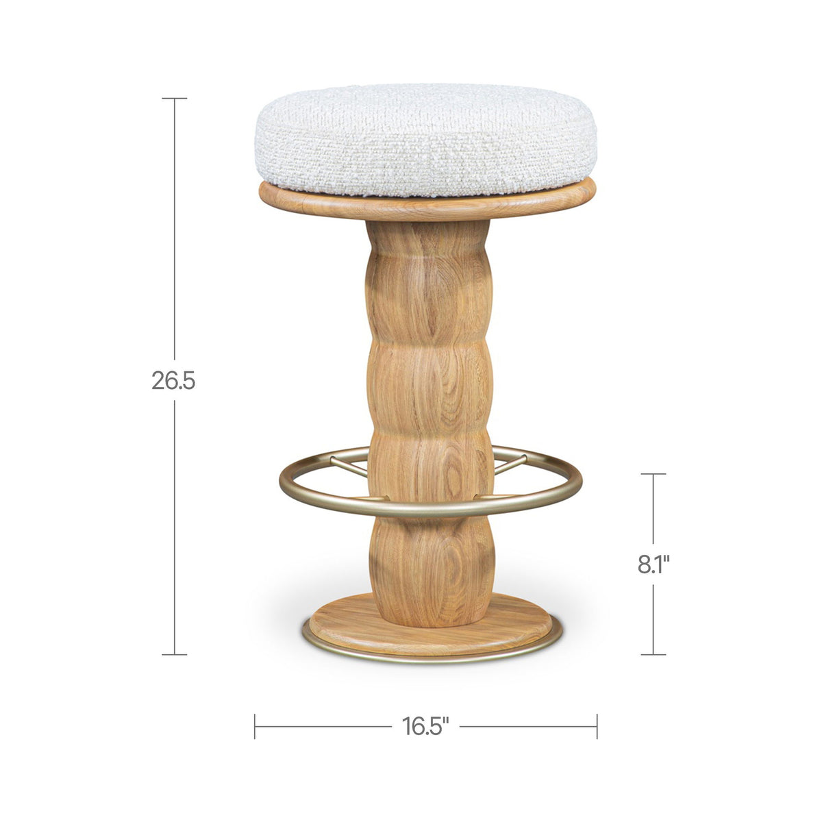 Swivel counter stool with round upholstered top and light brown wooden pedestal base