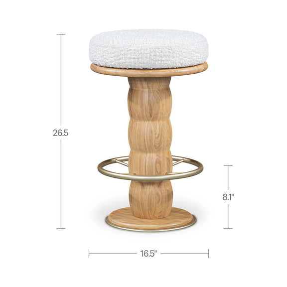 Swivel counter stool with round upholstered top and light brown wooden pedestal base