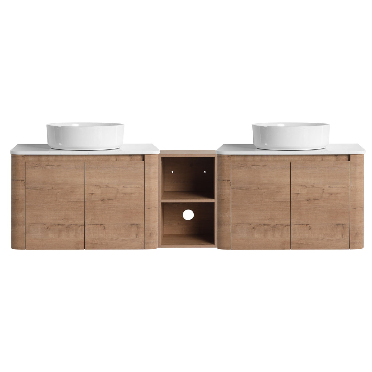 Wall-mounted bathroom vanity with two white vessel sinks and open center shelf, wood cabinet