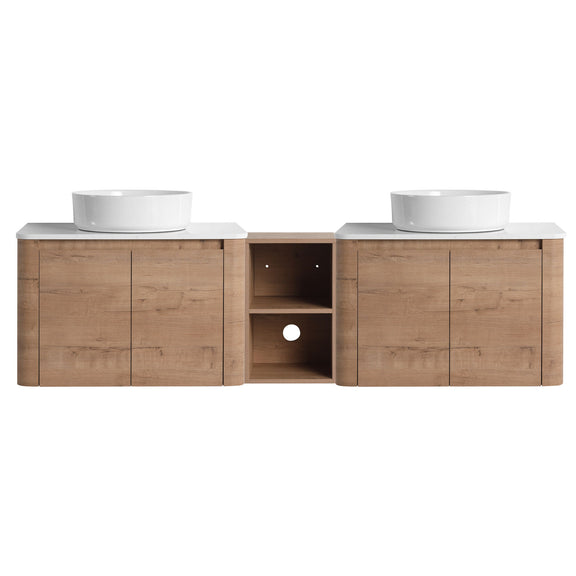Wall-mounted bathroom vanity with two white vessel sinks and open center shelf, wood cabinet