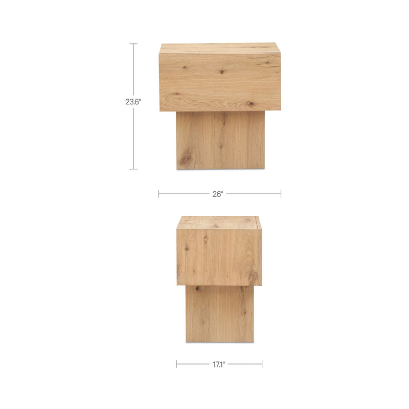 Natural wood nightstand size 26 in wide and 23.6 in high
