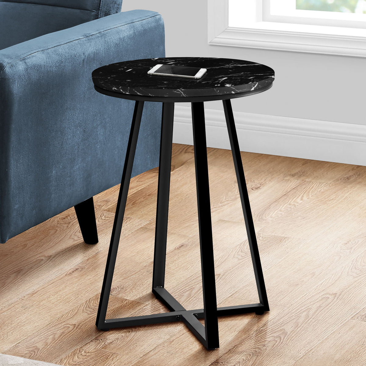Accent Table, Side, Round Marble Look Contemporary & Modern - Black