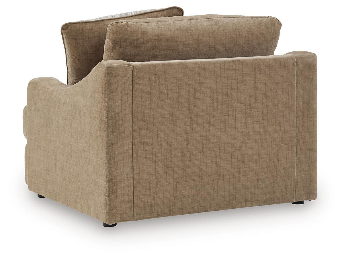 Tan chair and a half with padded arms and solid back cushion