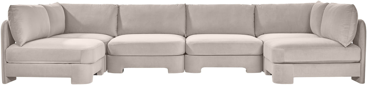 U-shaped armless sectional sofa, light gray velvet upholstery with tufted back cushions