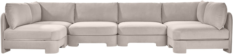 U-shaped armless sectional sofa, light gray velvet upholstery with tufted back cushions