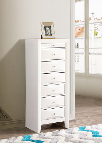 White lingerie chest with 7 drawers and round metal knobs.