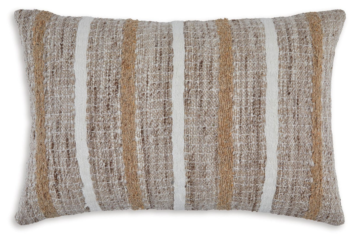 Benish woven lumbar pillow with tan, brown, and white vertical stripes, rectangular