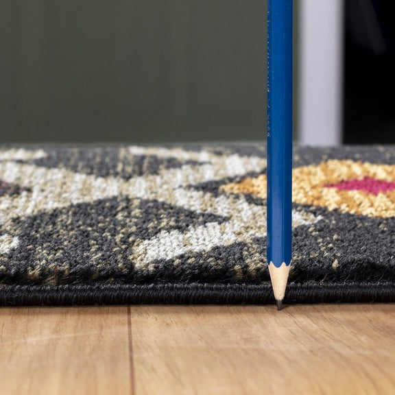Close-up of southwest rug edge with textured pile and stitched binding