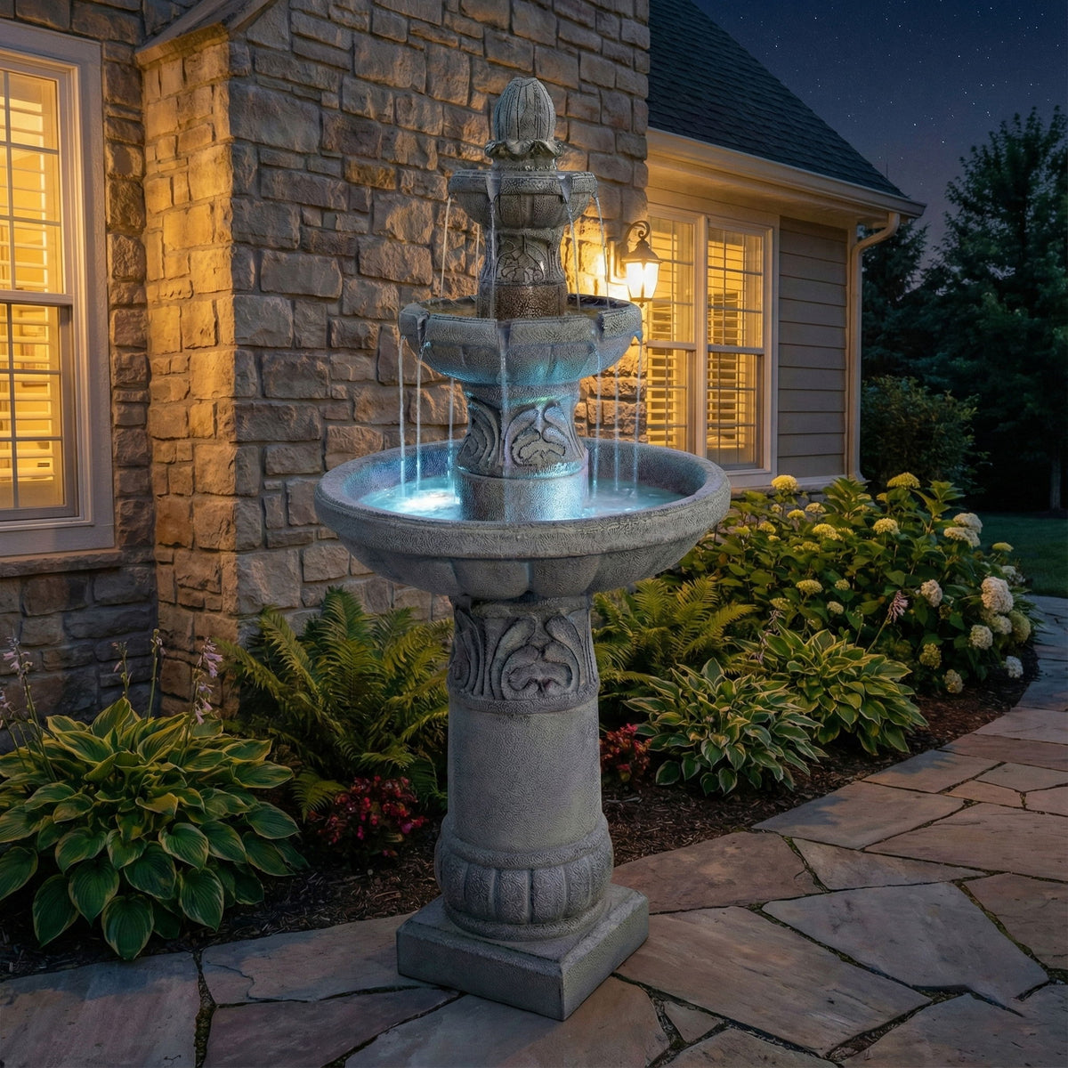 Gray outdoor fountain with LED-lit water feature, three stacked basins on a pedestal