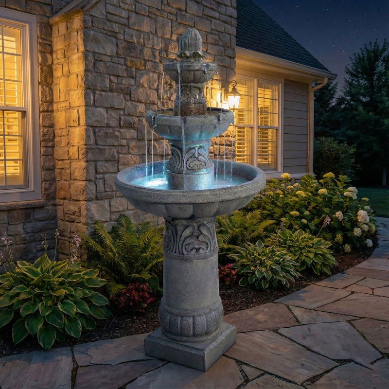 Gray outdoor fountain with LED-lit water feature, three stacked basins on a pedestal
