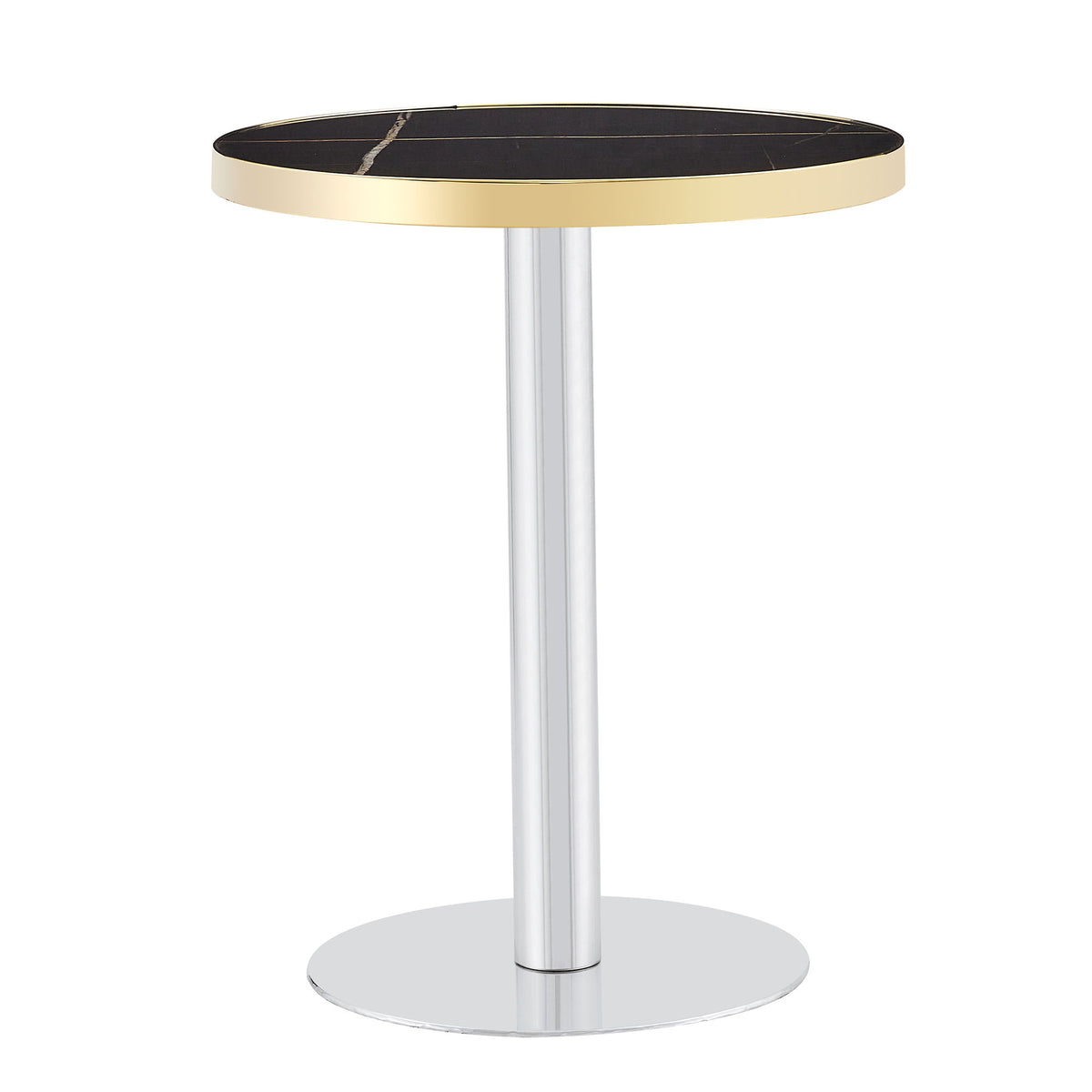 Round bistro table with black marble-look top, gold rim, and silver pedestal base.