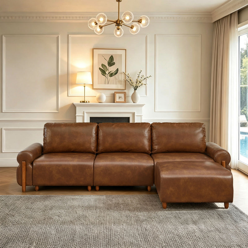 Dark brown modular sectional sofa with chaise ottoman and three-panel back cushion