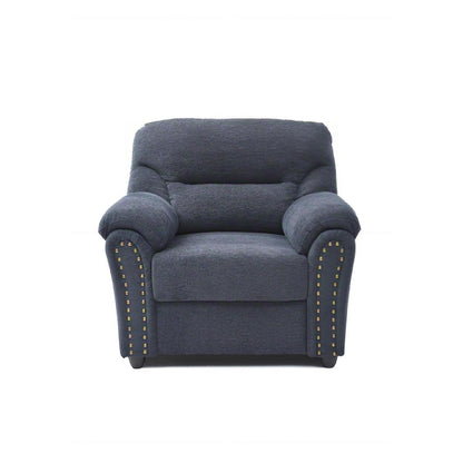 Blue upholstered armchair with hand-applied nailhead trim and pillow-top arm cushions