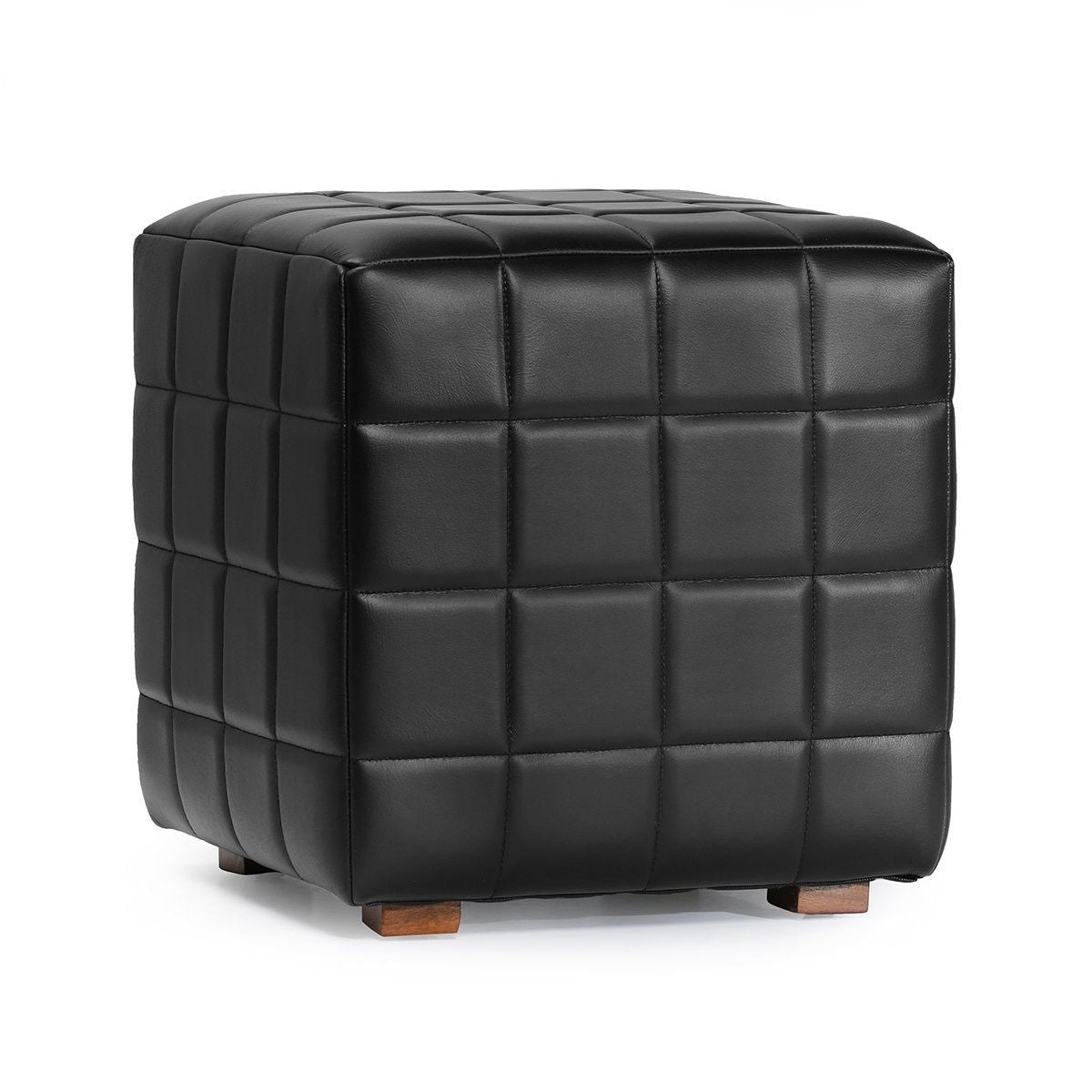 Black square ottoman with quilted top, padded sides, and brown wooden feet