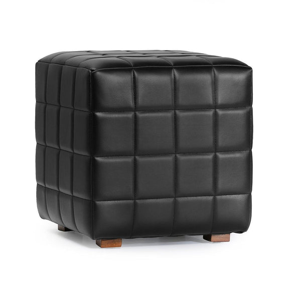 Black square ottoman with quilted top, padded sides, and brown wooden feet