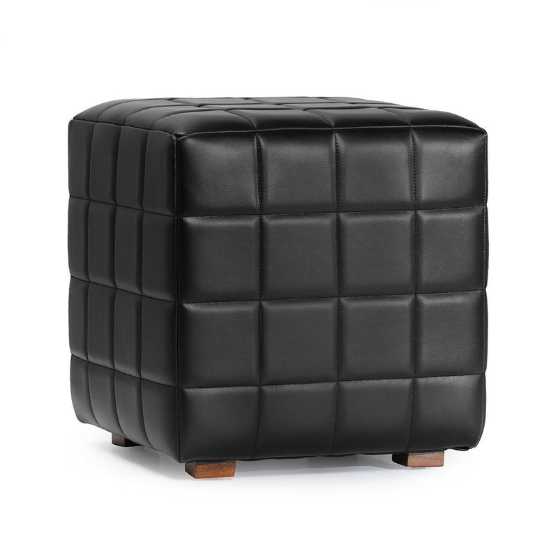 Black square ottoman with quilted top, padded sides, and brown wooden feet