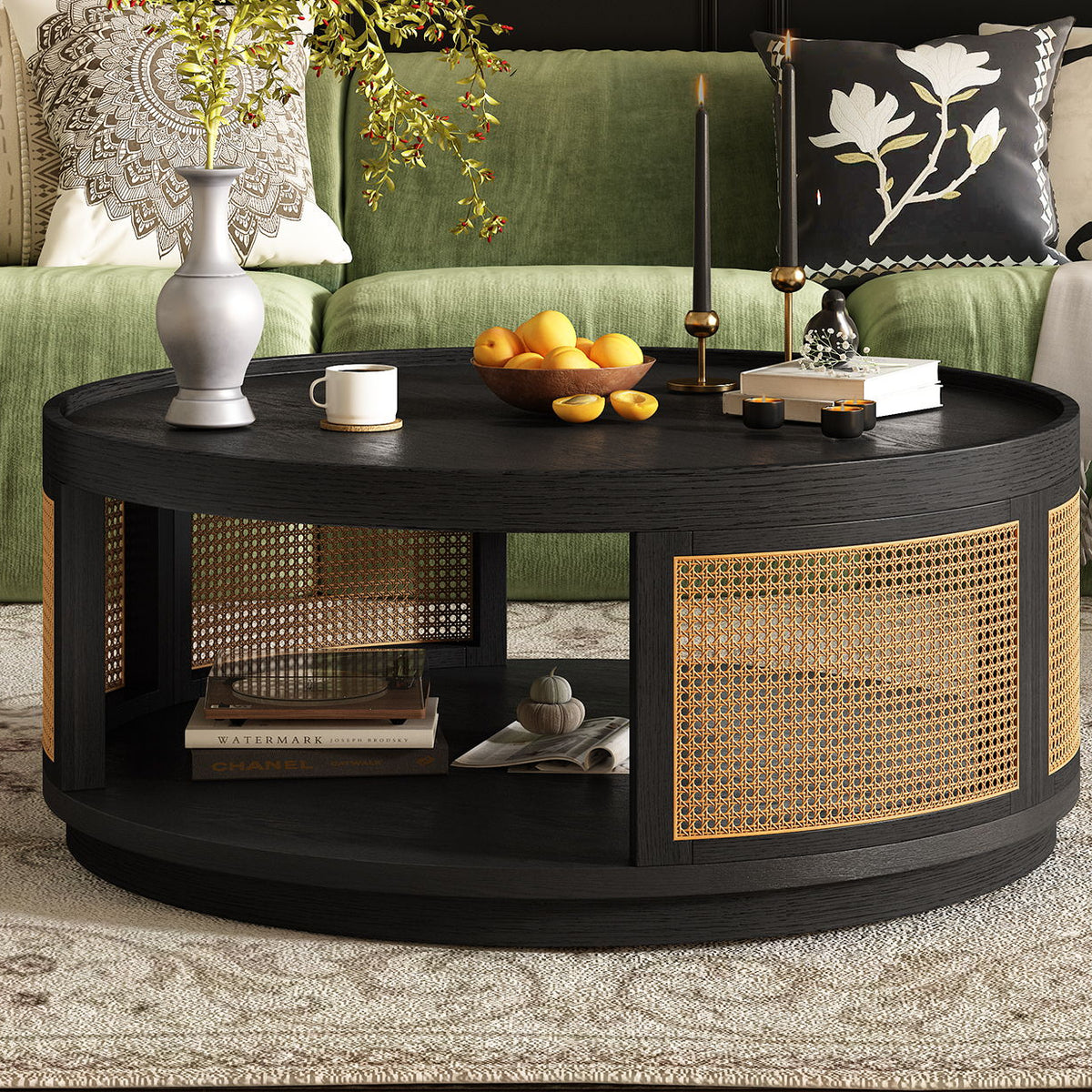 Round Cane Coffee Table With Rattan Side