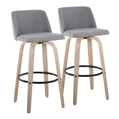 Gray fabric bar stools (set of 2) with round black footrest and light wood legs