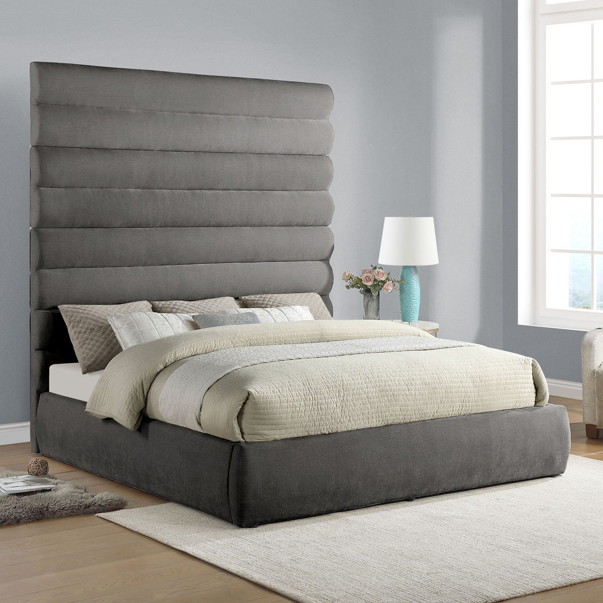 Adam - Chenille Fabric Bed With 89" Headboard