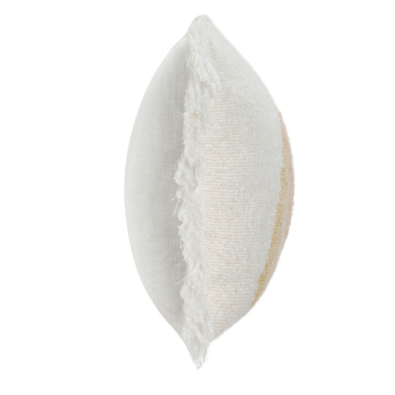 Ivory pillow with white fringe trim and visible seam on side