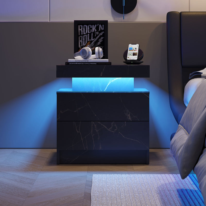 Nightstand LED, Bedside Table Cabinet With 2 Drawers For Bedroom