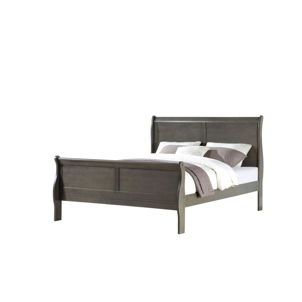 Dark gray sleigh bed with padded headboard and made bedding