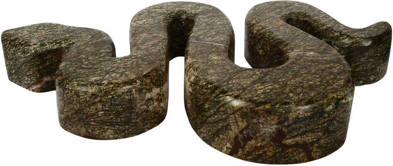 Marble sculptural tabletop object with interlocking curved loops, green-brown speckled