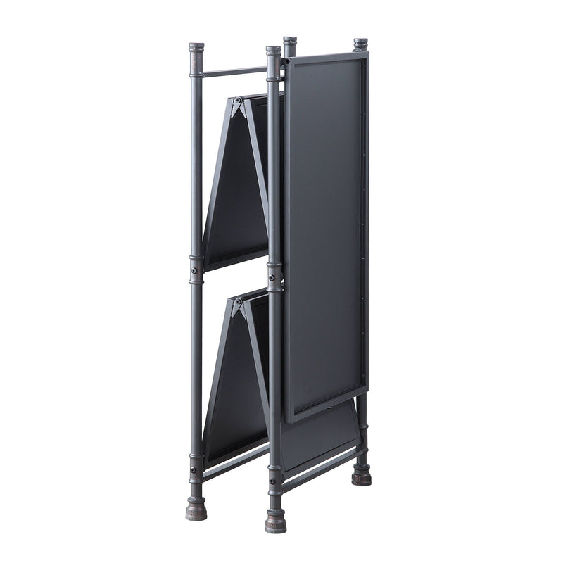 Black console table with bronze-toned hardware, open shelves and dark side panels