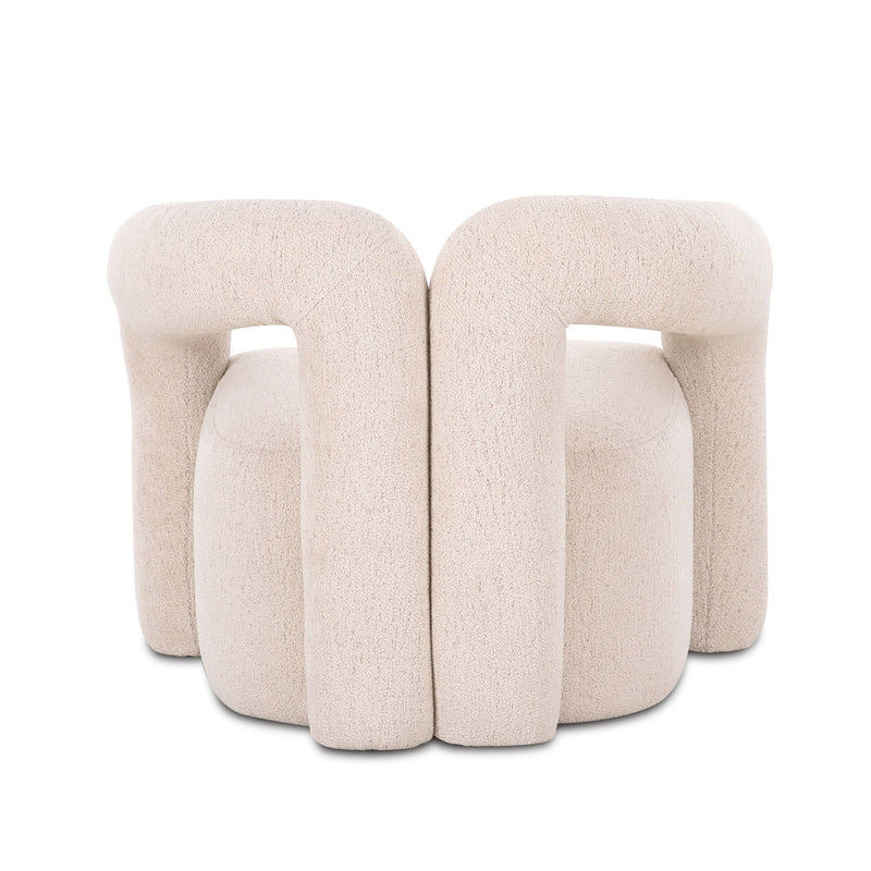 Pearl silver accent chair from back view with two rounded open sides