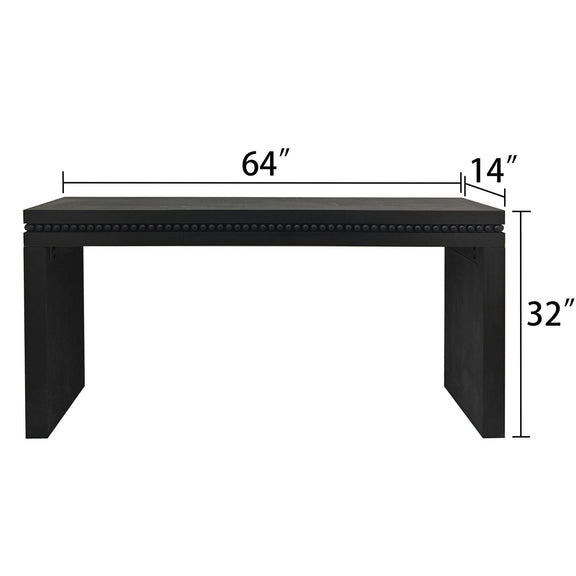 Rectangular black wood console table, 64 in wide with beaded trim, 32 in high