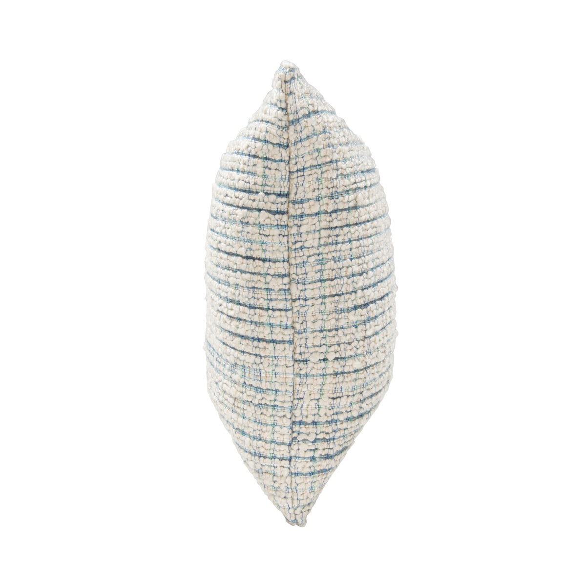 Blue textured woven throw pillow, side view showing seams and vertical stripes