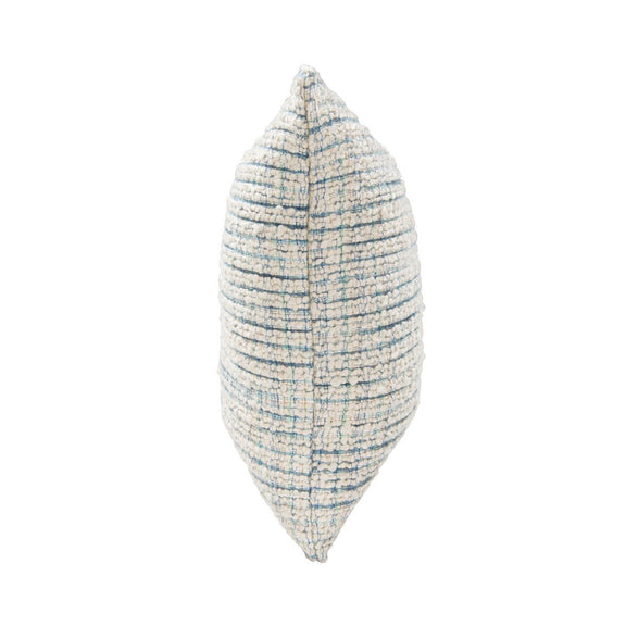 Blue textured woven throw pillow, side view showing seams and vertical stripes