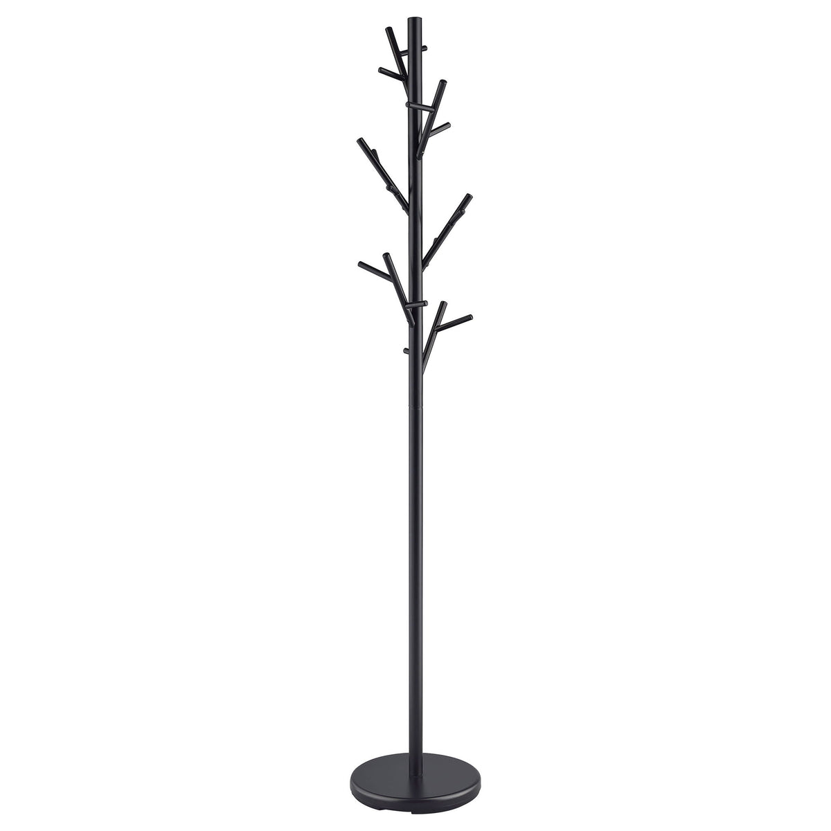 Black vertical coat rack with branch-like hooks and round floor base