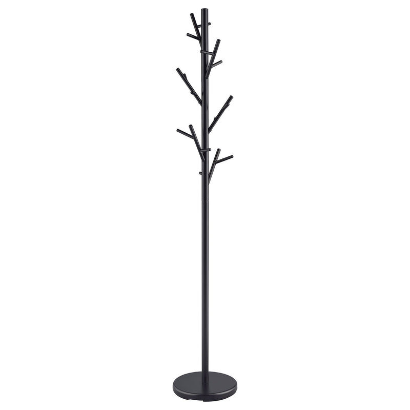Black vertical coat rack with branch-like hooks and round floor base