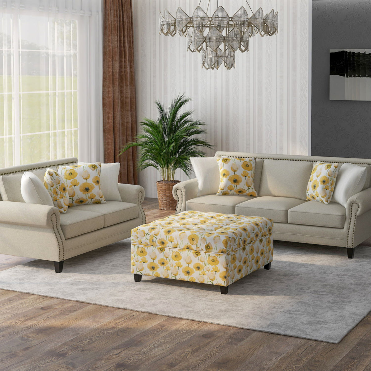 Floral Storage Ottoman With Traditional Design - Gold