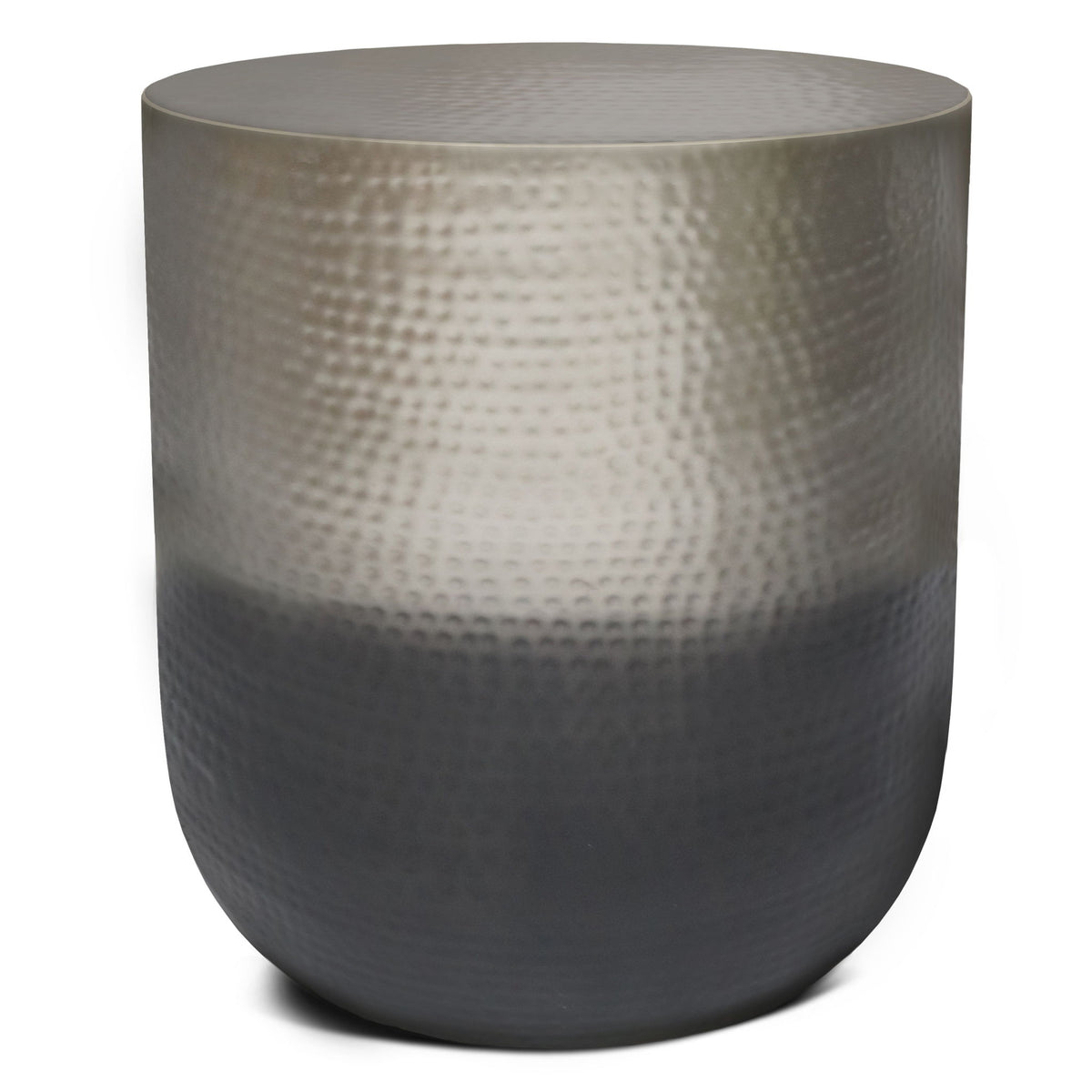 Handcrafted metal side table, round drum shape with gray hammered metal finish.