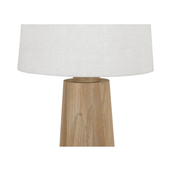 Table lamp with white fabric shade and natural wood pedestal base