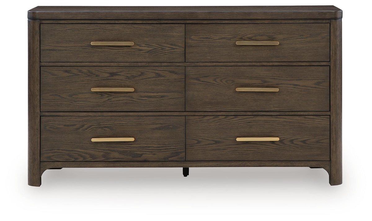 Dark brown wood dresser with six drawers and gold bar drawer pulls
