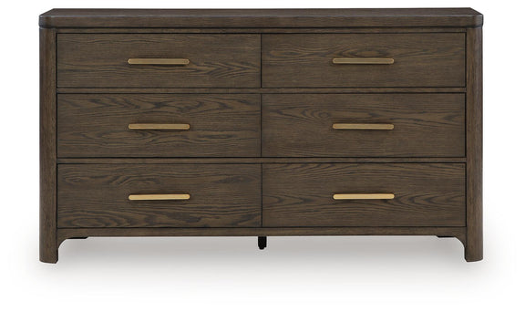 Dark brown wood dresser with six drawers and gold bar drawer pulls