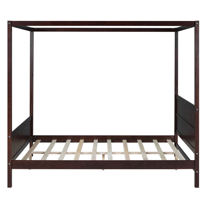 Dark brown canopy platform bed frame with slatted base and side panels