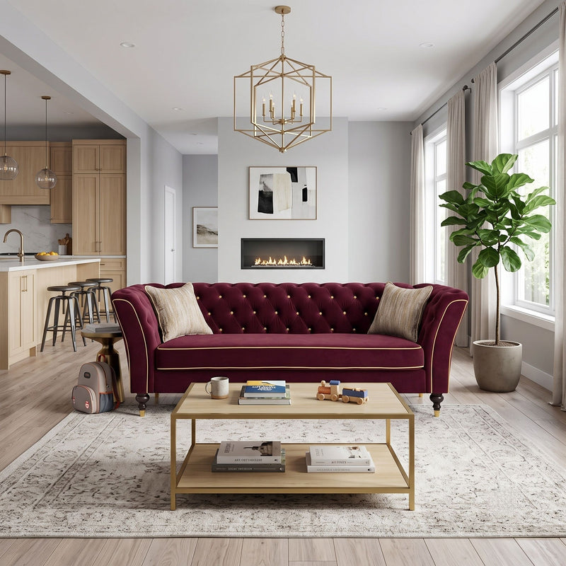 Dark red three-person sofa with deep seat, button-tufted back and gold-trimmed rolled arms
