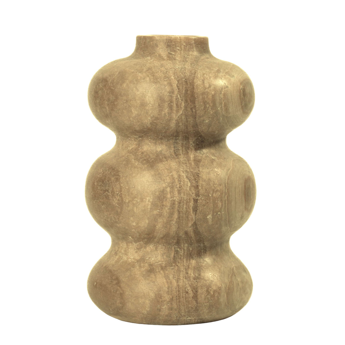 Marble-look swell vase with gold mottling, rounded body and flat top opening