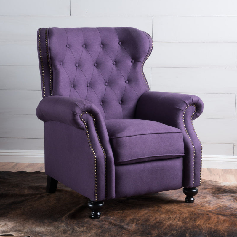 Purple push-back recliner chair with tufted back, padded arms, nailhead trim