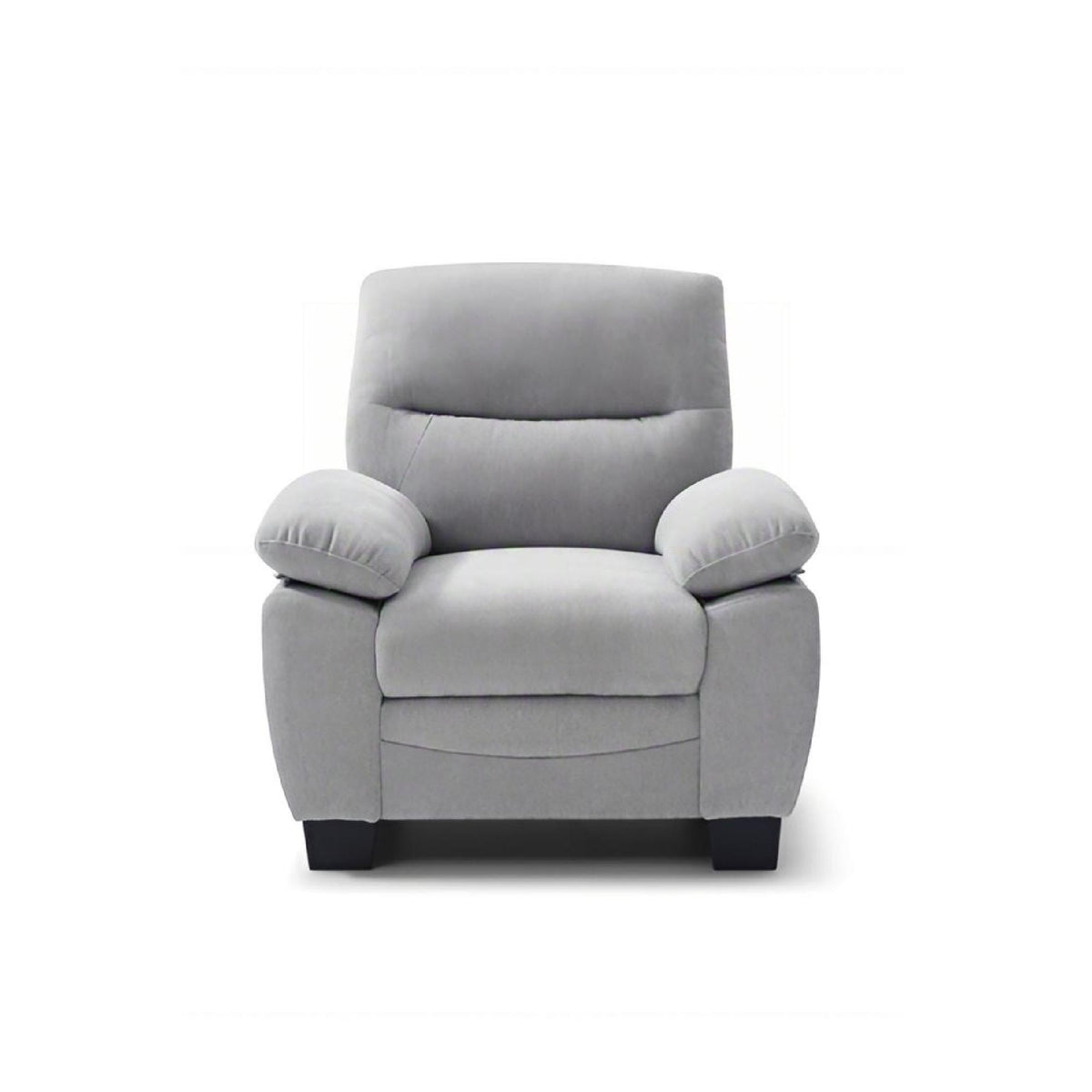 Light gray upholstered accent chair with rounded headrest and padded armrests