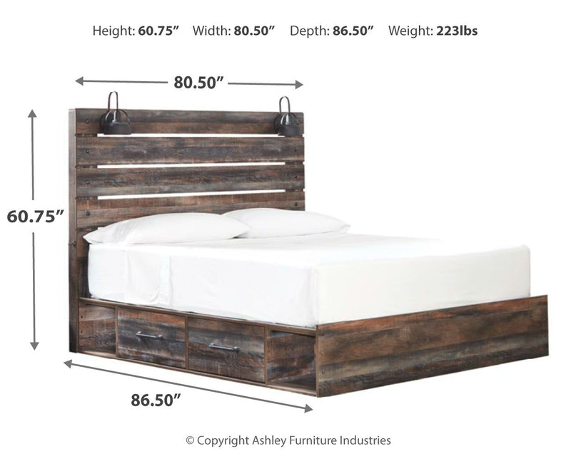 Panel bed with dark wood frame, panel headboard, and drawer storage; white bedding