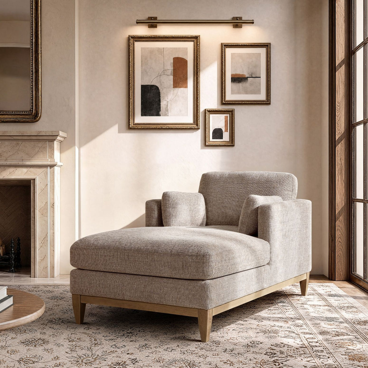 Upholstered chaise lounge chair with gray fabric, ottoman-style seat, and wooden legs