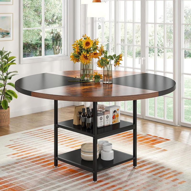 Round Dining Table For 4 With Storage Shelf - Brown / Black