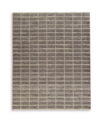 Dark brown rug with beige grid pattern, flat woven look