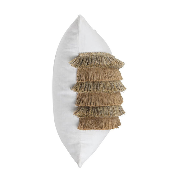 Ivory 22x22 pillow cover with layered natural fringe along the side edge